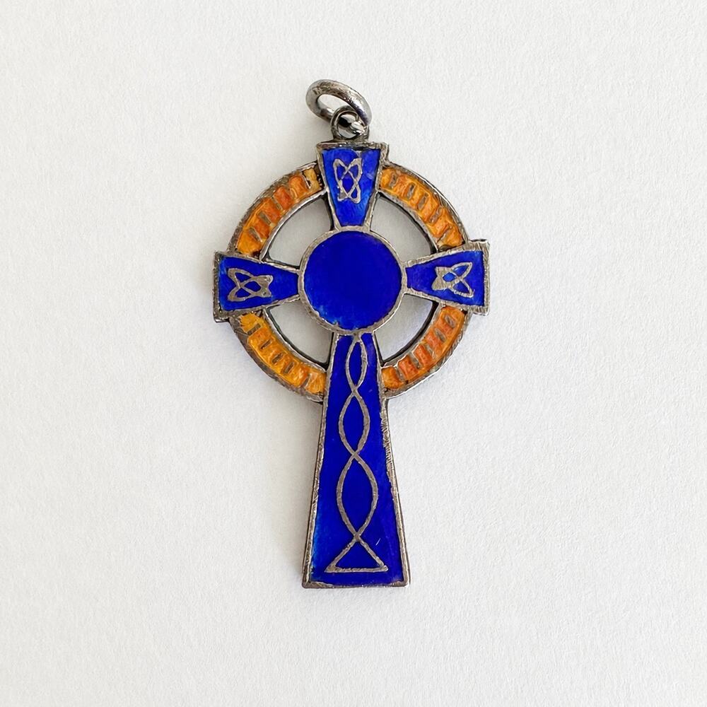 Vintage Sterling Silver Blue Orange Enamel Celtic Cross Pendant Made England 2g